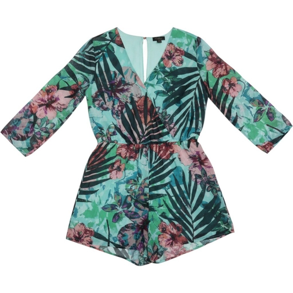 Thalia Sodi Womens Tropical Long Sleeve Romper‎ Large Vacation Boho Island Trip